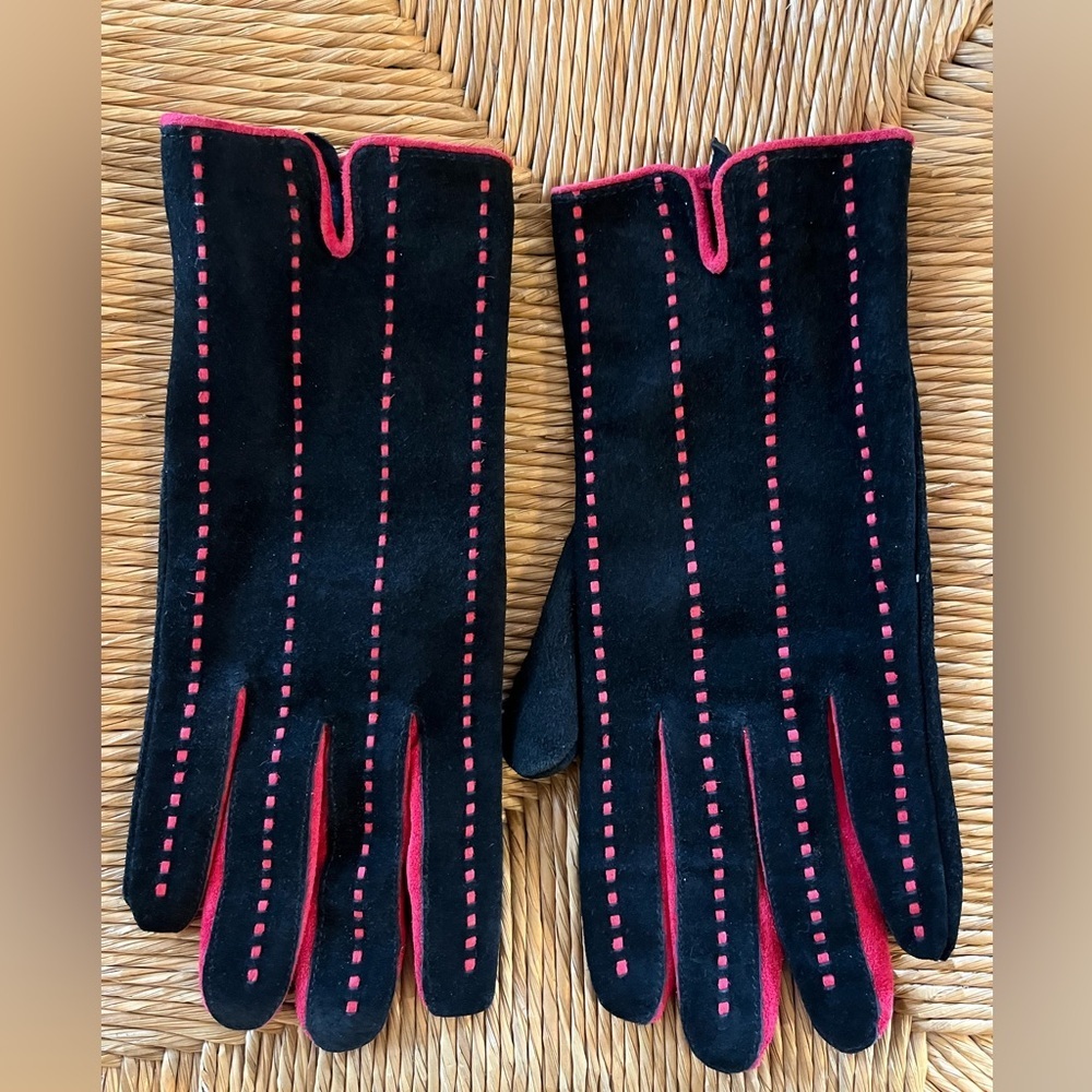 Tabi Black Suede pinkish red detailed stitching ladies driving gloves Size XL